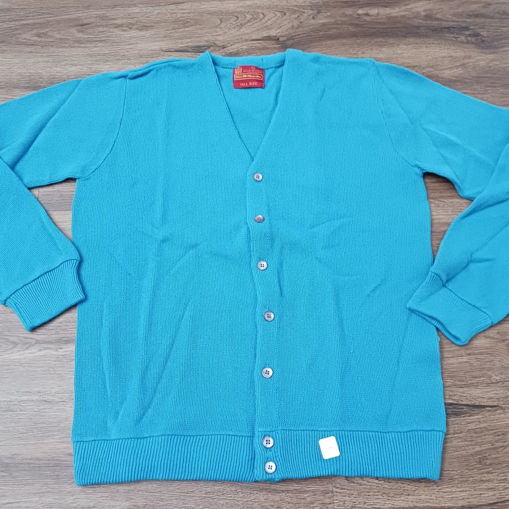 Vintage Sears Kings Road Shop Blue Orlon Acrylic Cardigan Sweater Mens XL Tall